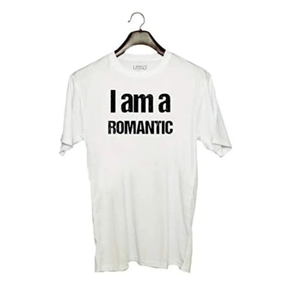 UDNAG Unisex Round Neck Graphic 'Romantic | I am a Romantic' Polyester T-Shirt White [Size 2YrsOld/22in to 7XL/56in]