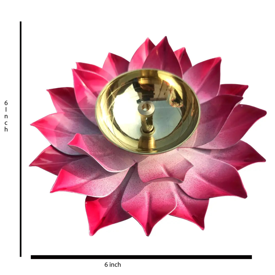 Iron And Brass Kamal Ptta Pink Akhand Diya With Fancy Gift Box - 5 Inches