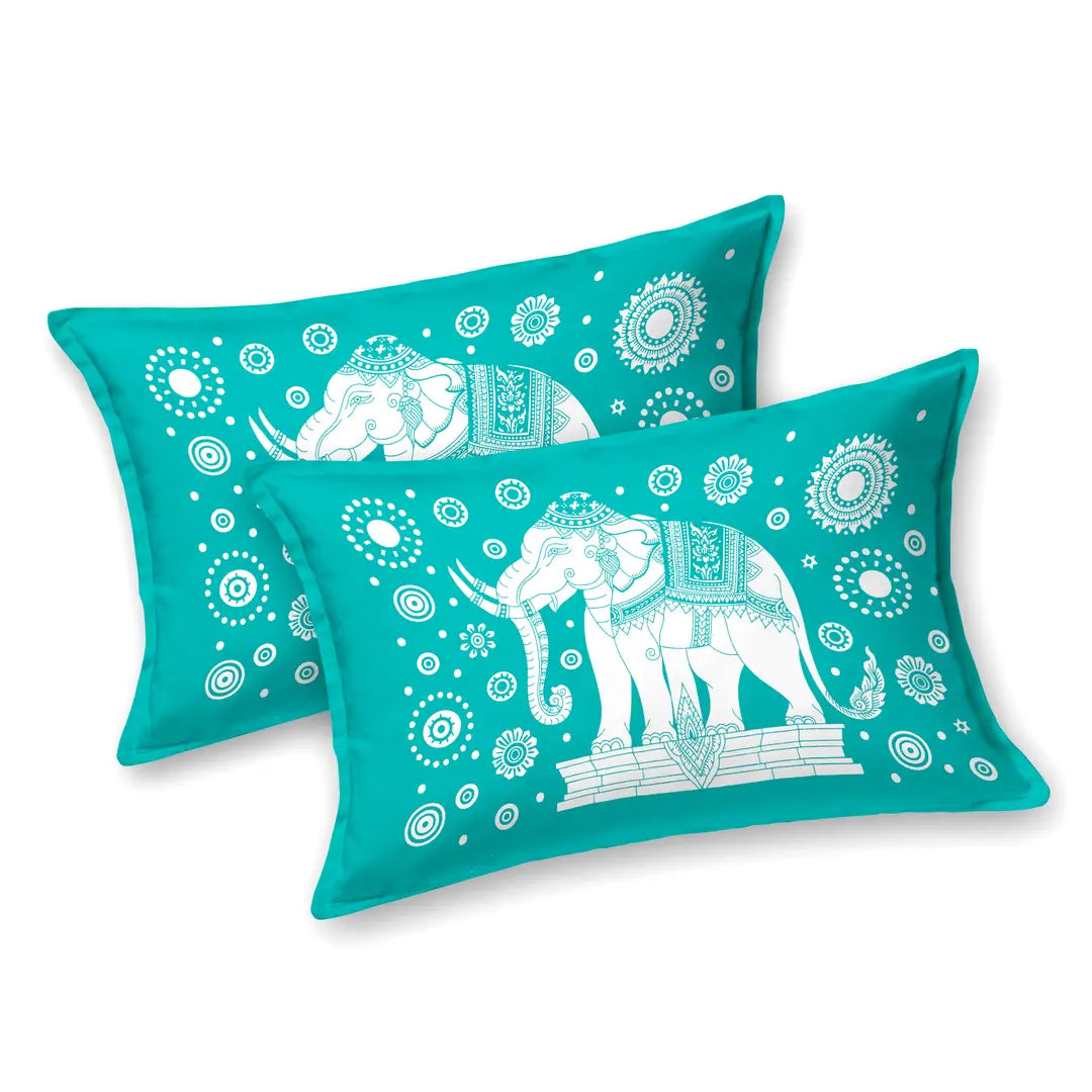 Classic Cotton Animal Design Elephant Printed Double Bedheet With 2 Pillow Cove(90 X 100, Blue)