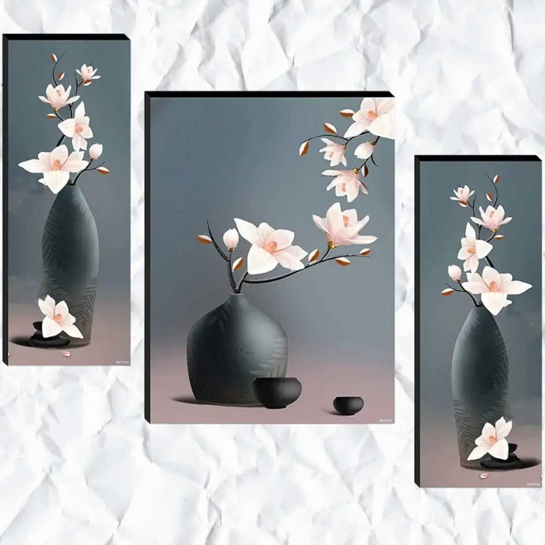Aaputri Set of 3 Floral Pots UV Textured Multi-Effect MDF Framed Wall Painting For Living Room (Multicolour, 12 Inch x 18 Inch