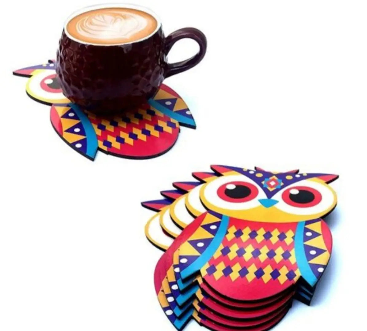 Designer Pine Wood Printed owl Coasters for Cups Set of 6