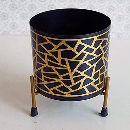 GreyFox Golden Print Metal Pot with Stand for Home and Garden Decor.(Without Plant)