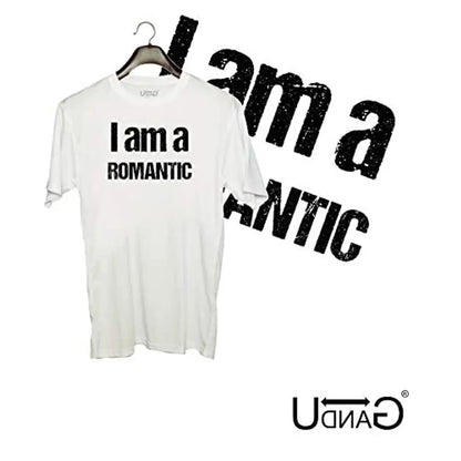 UDNAG Unisex Round Neck Graphic 'Romantic | I am a Romantic' Polyester T-Shirt White [Size 2YrsOld/22in to 7XL/56in]