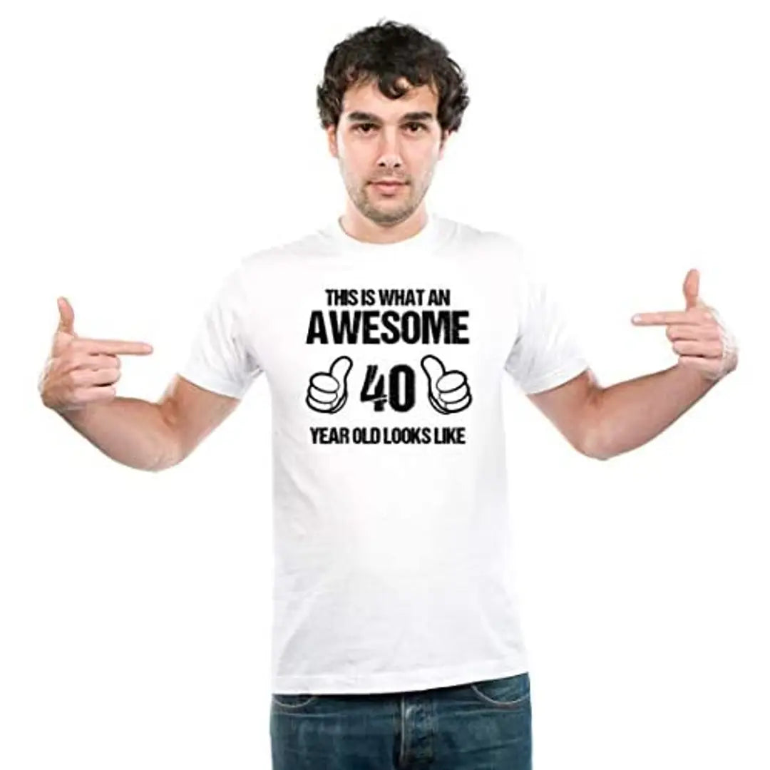 UDNAG ? Unisex Round Neck Graphic 'Awesome | This is What an Awesome 40 Years Old Looks Like' Polyester T-Shirt White [Size 2YrsOld/22in to 7XL/56in]