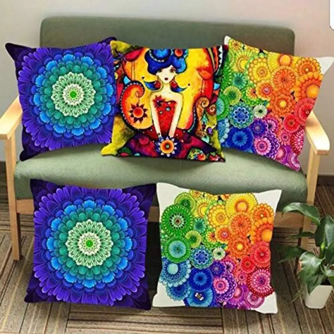 Home Solution Jute Cushion Covers 16 inch x 16 inch, Cushion Cover 16x16 Set of 5 (Flower-Multi)