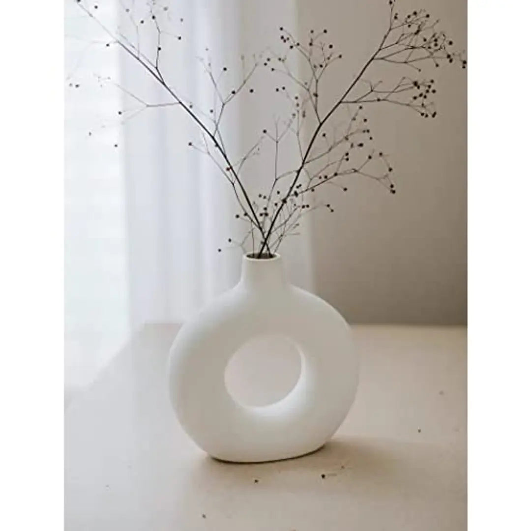 FARKRAFT White Donut Vase Ceramic Vase for Pampas Grass Home Decor Items for Living Room Bedroom Accessories Dried Flower Vase Marriage Gifts for Couples (Set of 1) (Off White MATT)