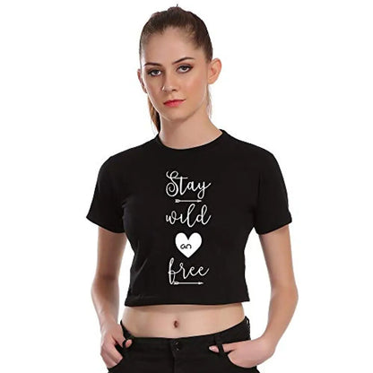 TheFashionClinic Stay Wild n Free Quotes Slogan Printed Crop Top for Women | Black|100% Cotton| Size -M