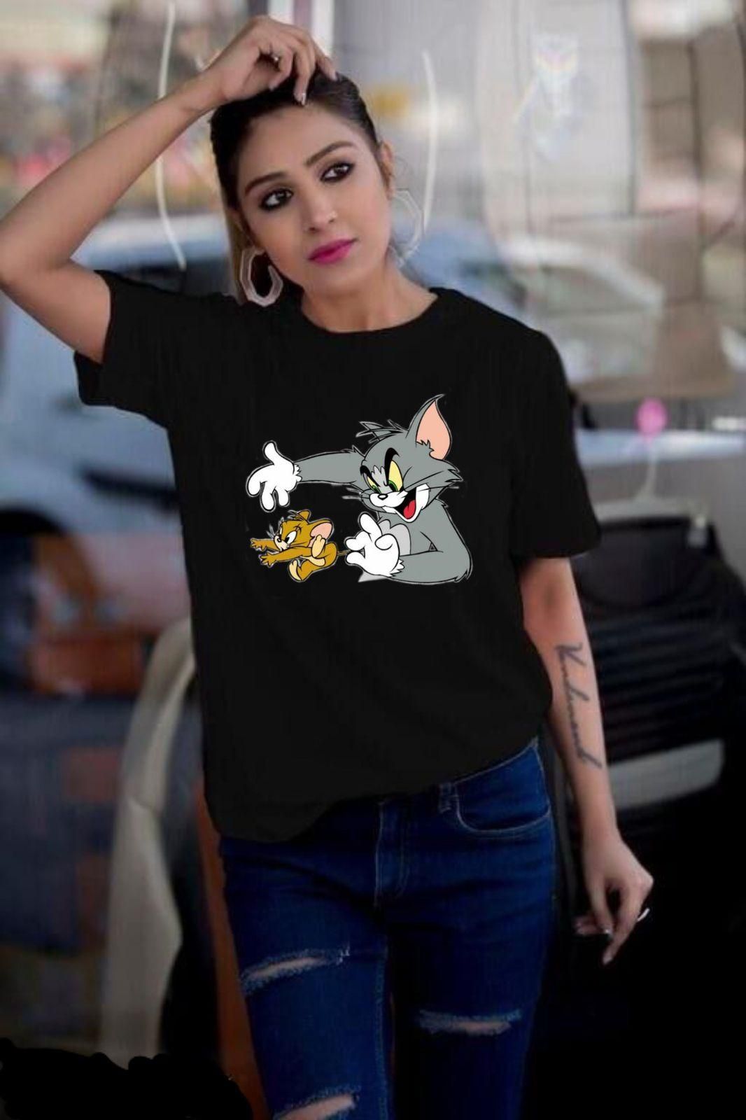 "Animated Duo: Women's Black Half Sleeves T-Shirt with Tom and Jerry Design"