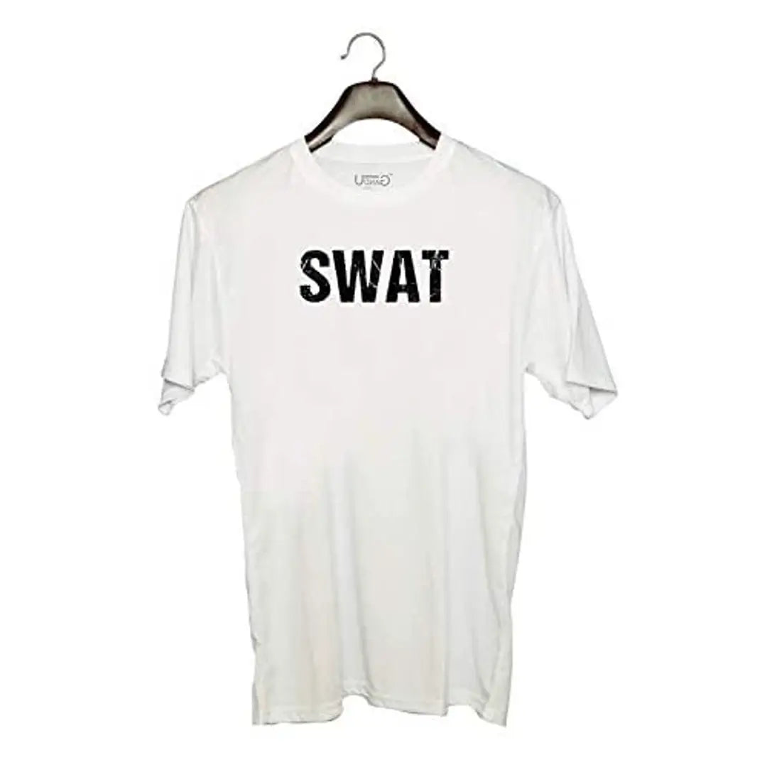 UDNAG Unisex Round Neck Graphic 'SWAT' Polyester T-Shirt White [Size 2YrsOld/22in to 7XL/56in]