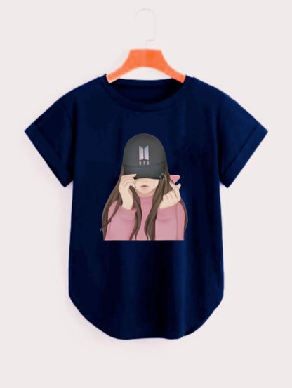 Hat Lady: Cotton Blend Graphic Print Women's T-Shirt in Navy Blue with Curved Hemline"