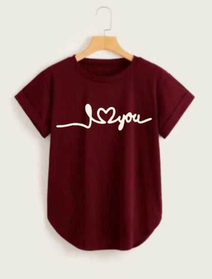Romantic Expression: Maroon Curved Hemline T-Shirt for Women with 'I Love You' Graphic Print"