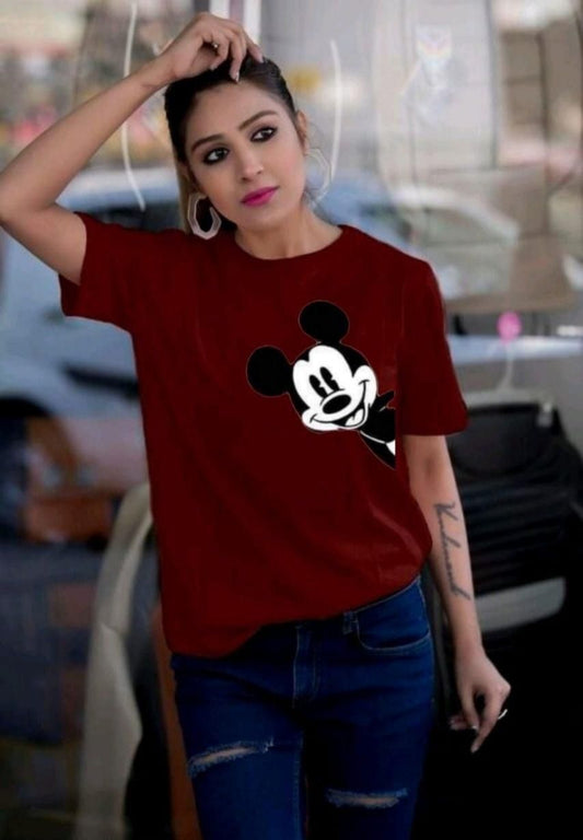 Mickey Magic: Women's Red Cotton Blend Graphic T-Shirt