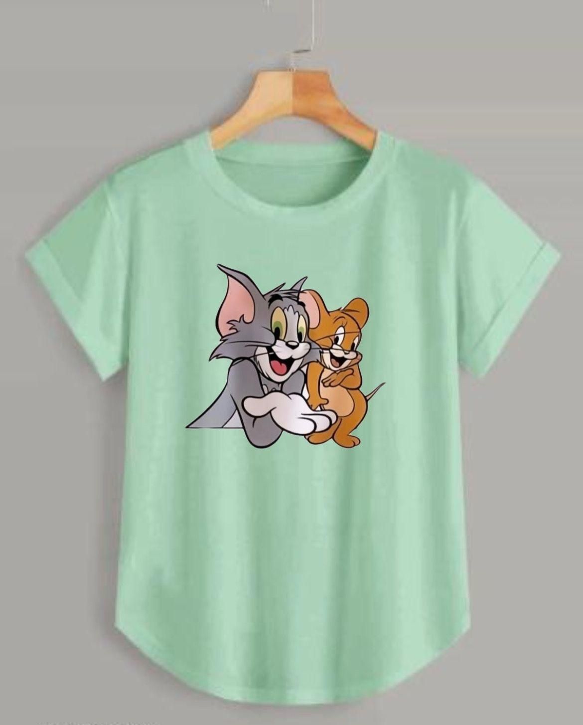 Minty Delight: Cotton Blend Graphic Print Women's T-Shirt with Tom & Jerry Design"