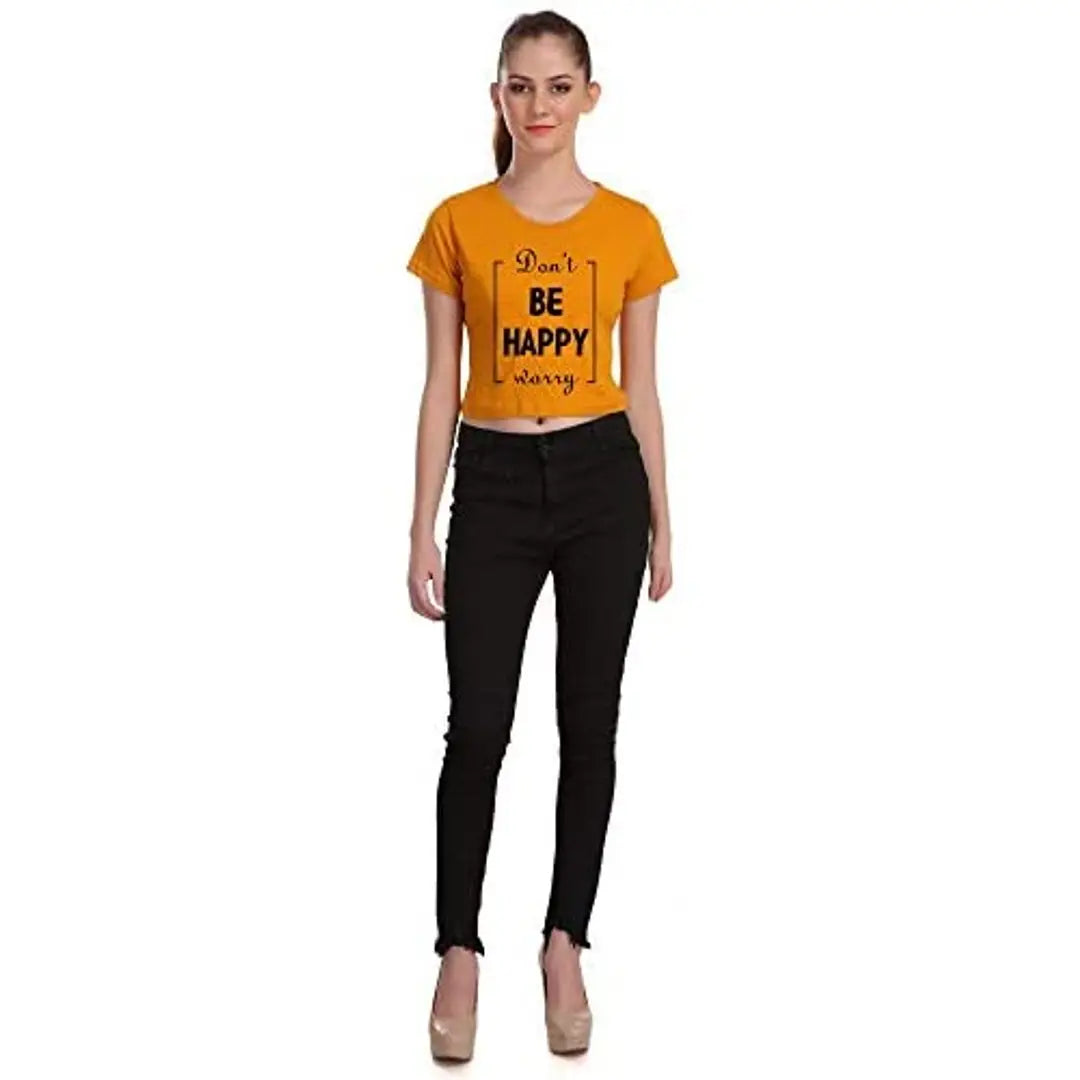 TheFashionClinic Dont Worry Be Happy Quotes Slogan Printed Crop Top for Women | Mustard Yellow |100% Cotton| Size -XL