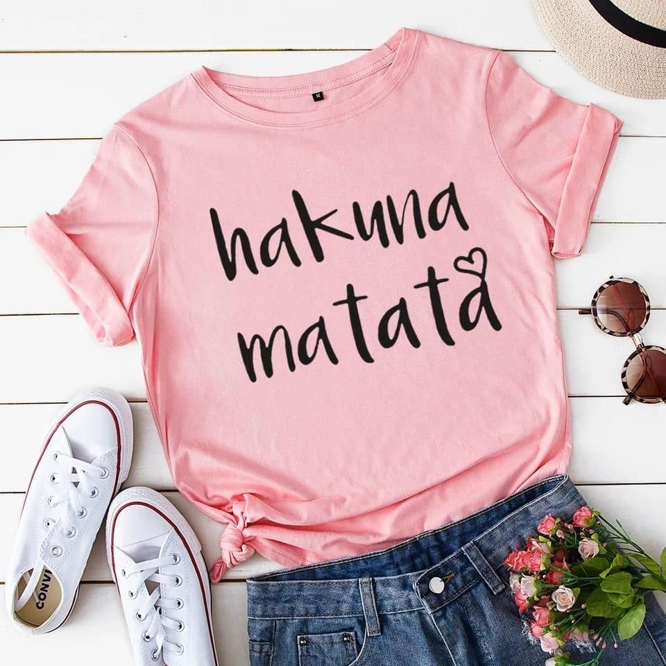 "No Worries: Women's Pink Cotton Hakuna Matata Printed T-Shirt"