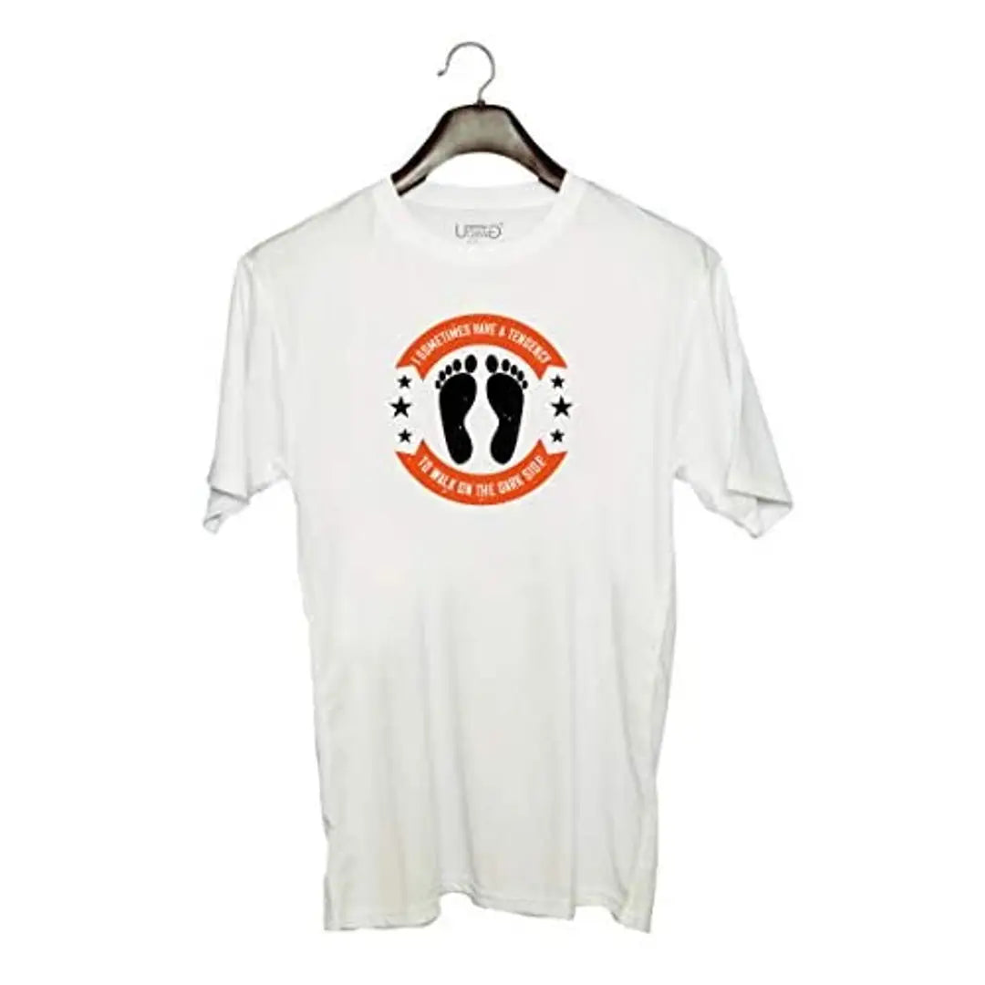 UDNAG Unisex Round Neck Graphic 'Walking | I Sometimes Have a Tendency to Walk on The Dark Side' Polyester T-Shirt White [Size 2YrsOld/22in to 7XL/56in]