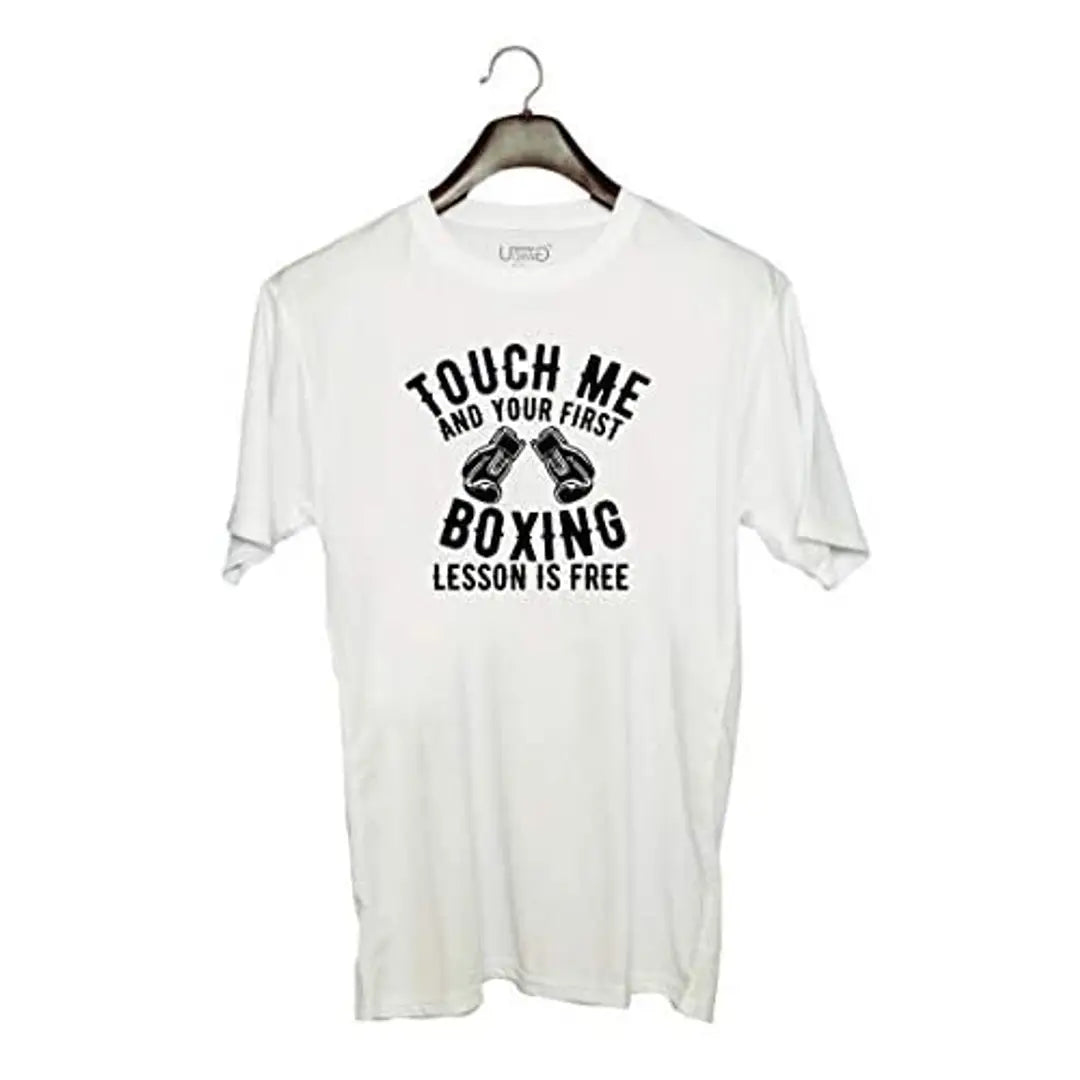 UDNAG Unisex Round Neck Graphic 'Boxing | Touch Me' Polyester T-Shirt White [Size 2YrsOld/22in to 7XL/56in]