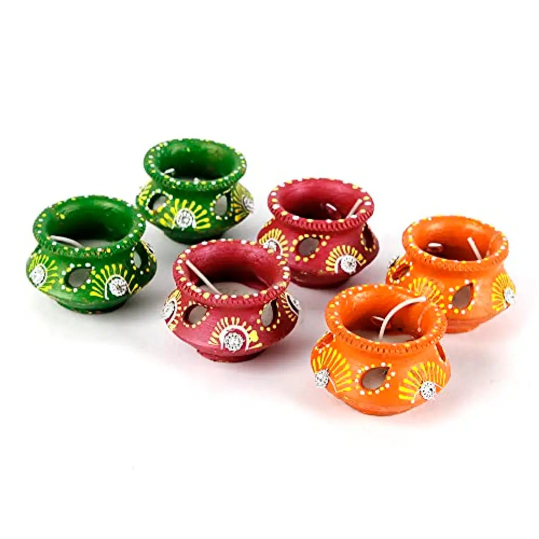 Kraftlik Handicrafts Matki Shape Clay Diya Candle Diya for Diwali Lighting Decoration Ganesh Chaturthi Diwali Gift and Pooja Home Decor Item(Set of 6)