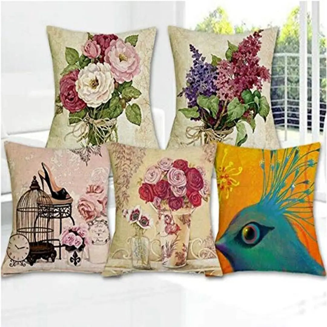 Home Solution Jute Cushion Covers 16 inch x 16 inch, Cushion Cover 16x16 Set of 5 (Flowers)