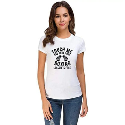 UDNAG Unisex Round Neck Graphic 'Boxing | Touch Me' Polyester T-Shirt White [Size 2YrsOld/22in to 7XL/56in]