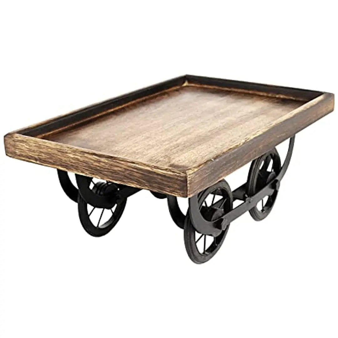 Trendy Antique Home Decor Handmade WoodWrought Iron Thela Trolly, Snacks Serving Trays Wooden Platter Moveable Wheels For Serving Tea And Snacks, Thela Trolly Style Tray