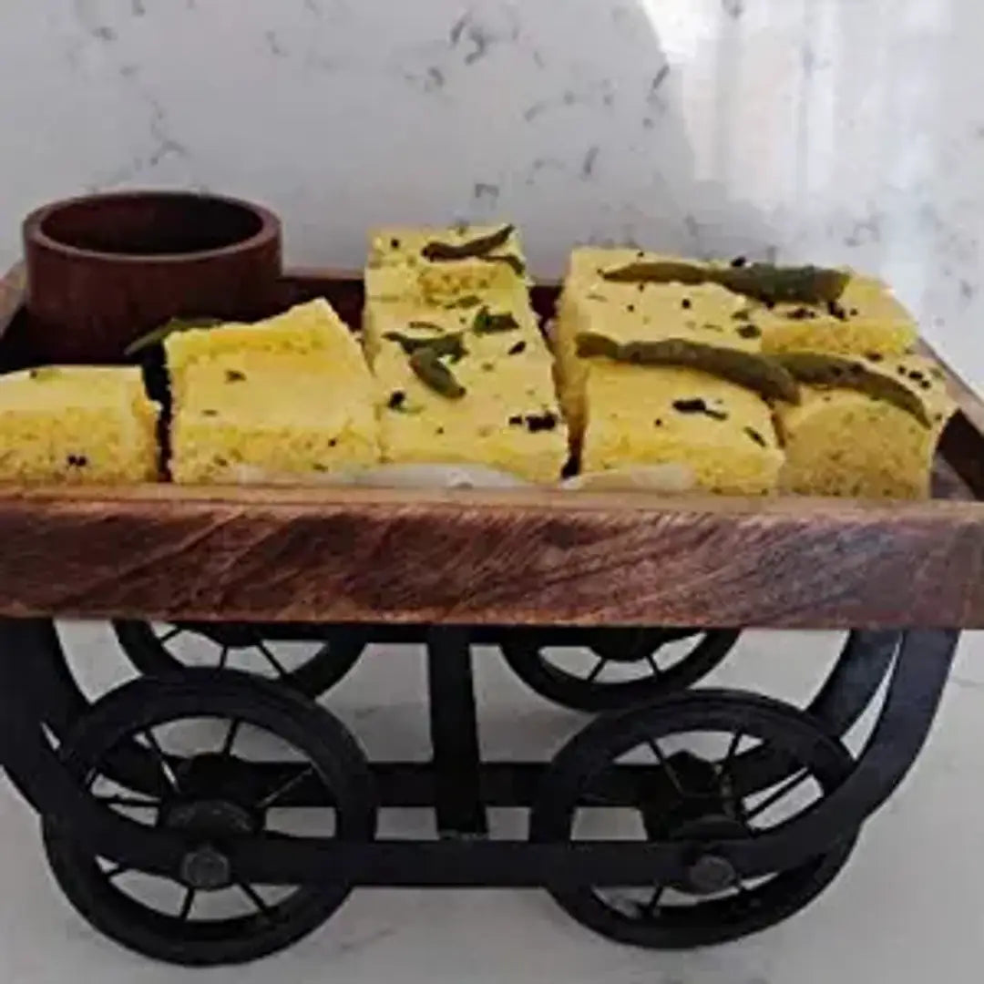 Trendy Artistic Antique Home Decor Handmade WoodWrought Iron Thela Trolly, Snacks Serving Trays Wooden Platter Moveable Wheels For Serving Tea And Snacks, Thela Trolly Style Tray