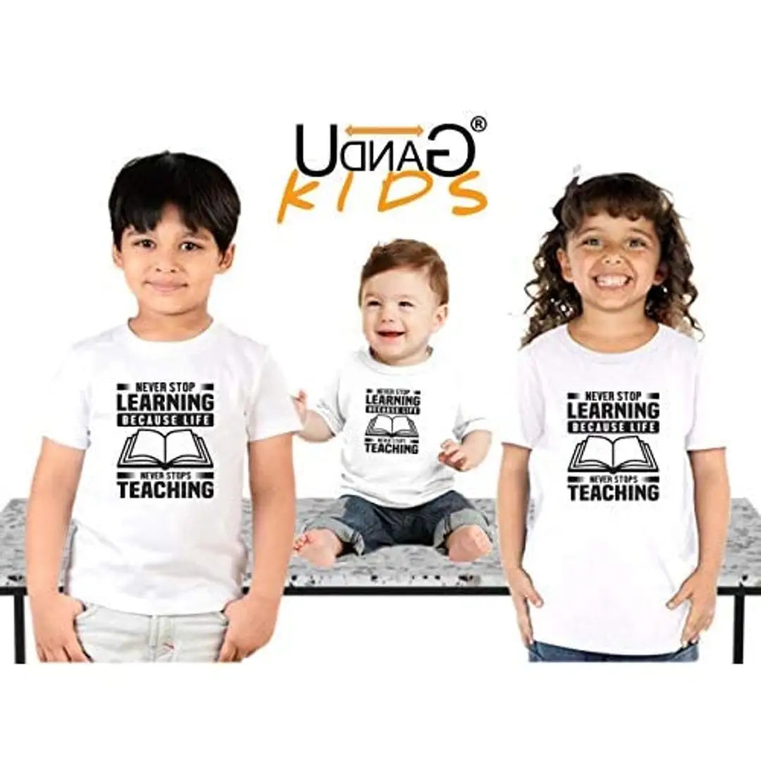 UDNAG Unisex Round Neck Graphic 'Teacher | Never Stop Learning' Polyester T-Shirt White [Size 2YrsOld/22in to 7XL/56in]